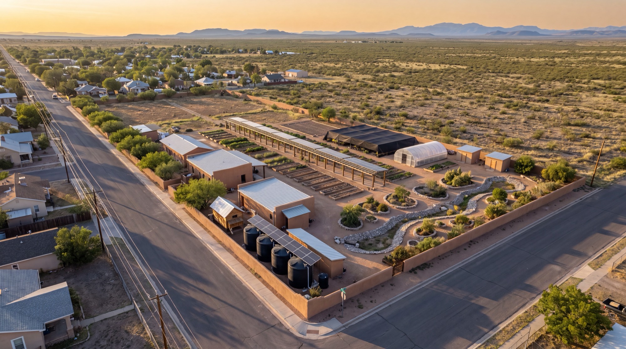 Aerial render of the Aparejo culinary farm on its Marfa corner block