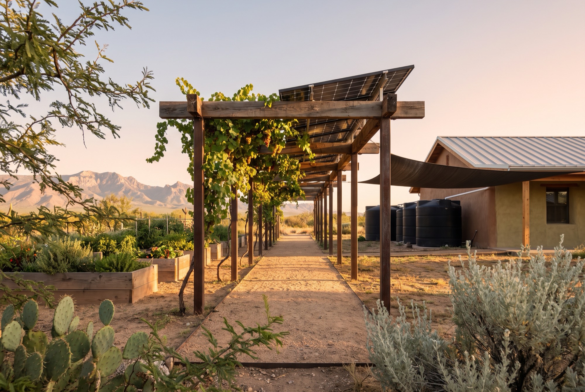 Render of the shaded arcade walkway through the Aparejo growing beds