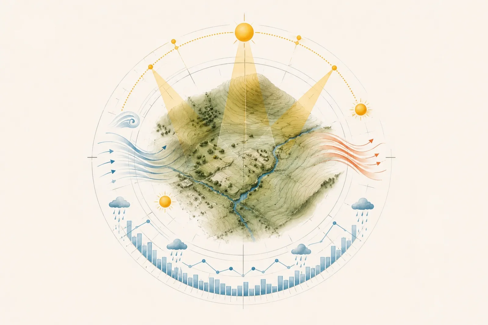 The climate read for the site, showing sun paths, rainfall and temperature through the year.