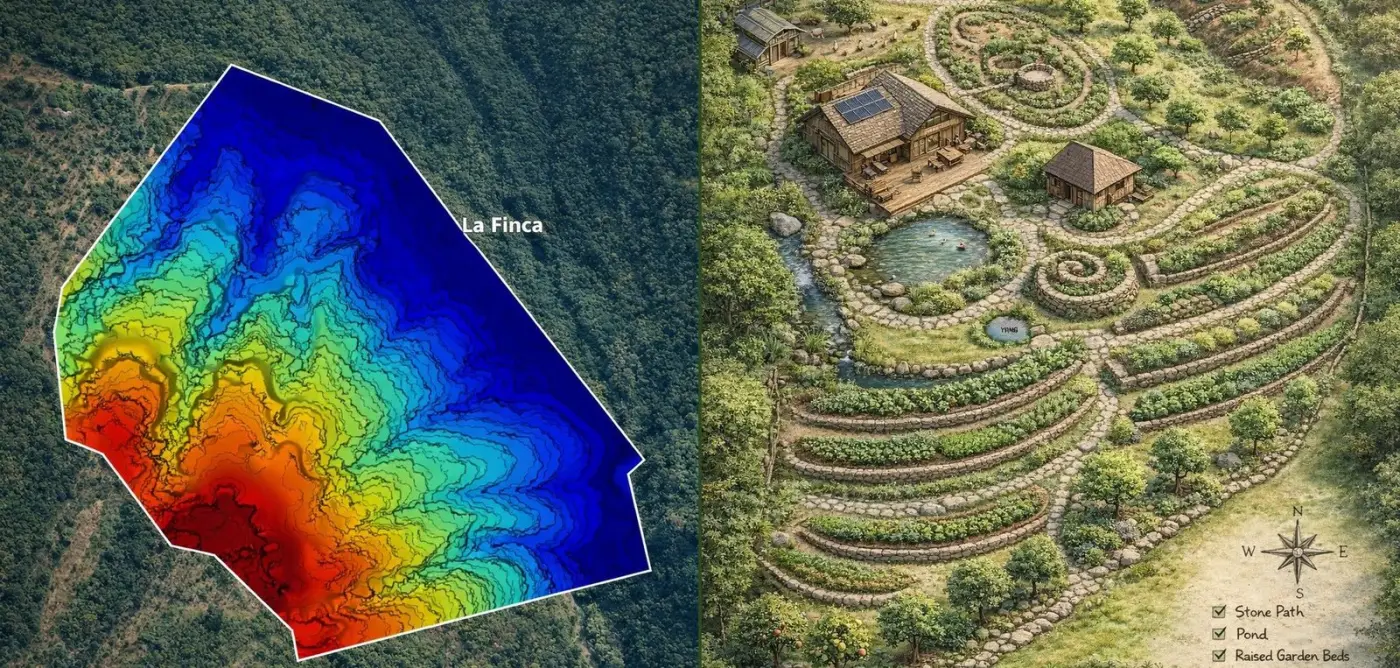 Two halves of one drawing: on the left the parcel's elevation model in false colour, on the right the same ground rendered as the designed place it becomes, with terraced beds, pond, stone paths and buildings.