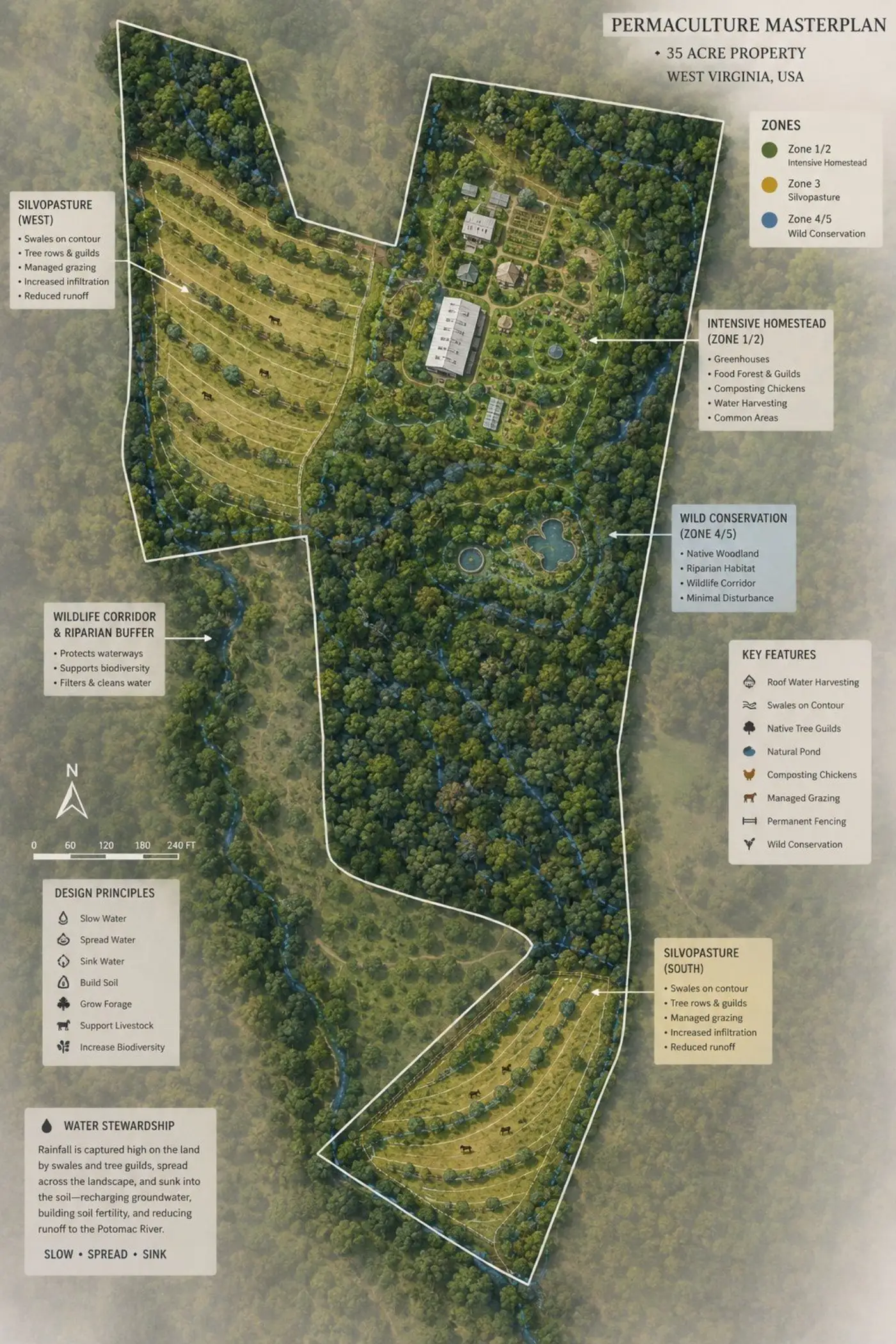 The master plan for the property, showing water storage, access, structures and production areas laid out on the real parcel.
