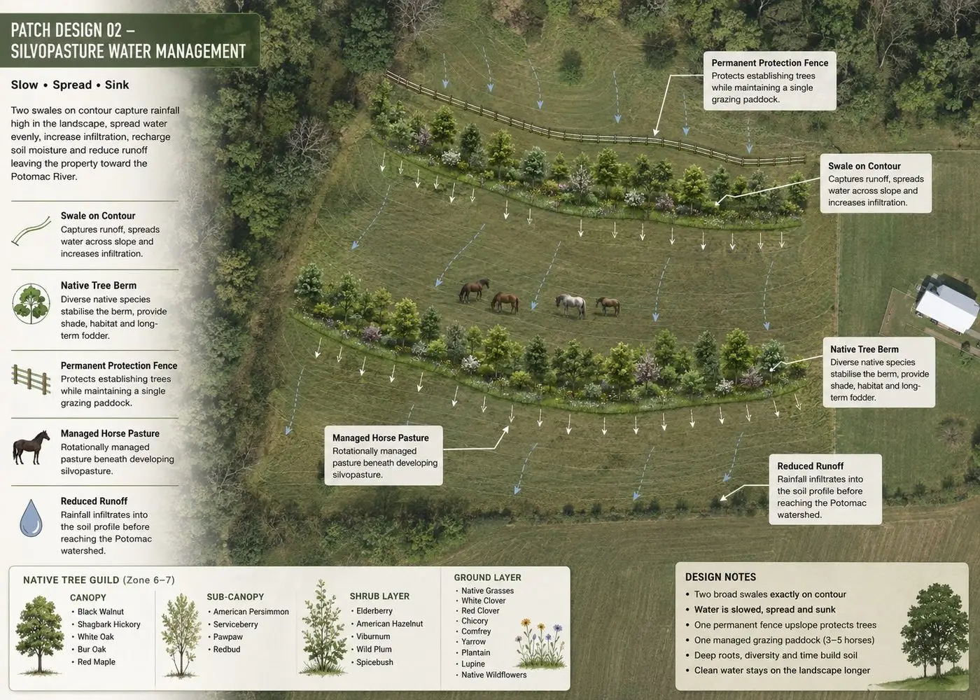 A patch design for a silvopasture system, showing tree rows, grazing lanes and water management.