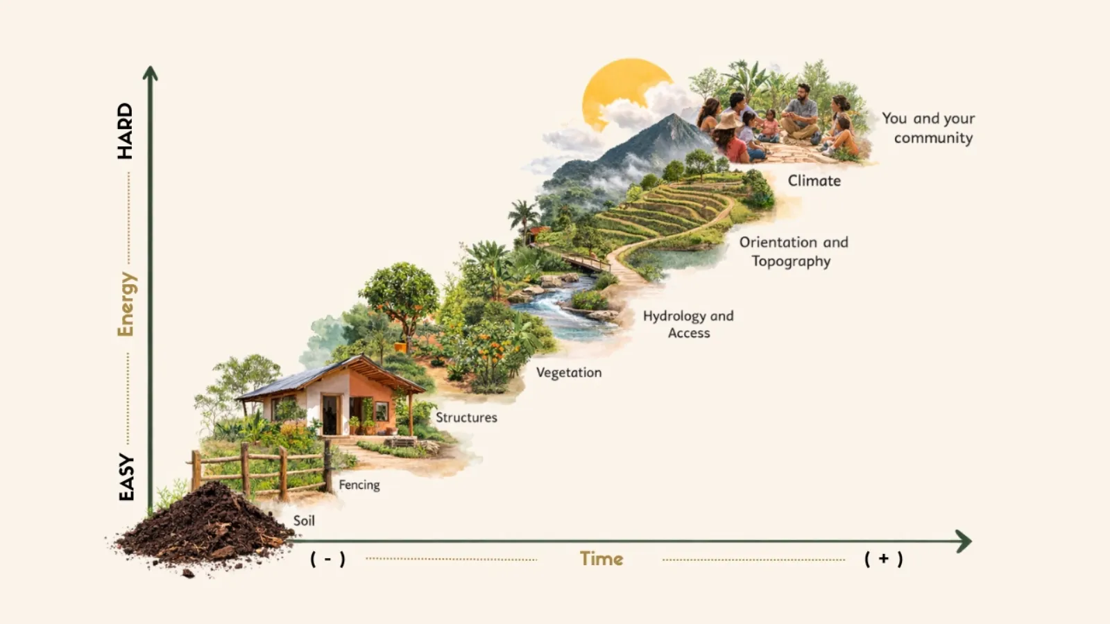 A diagram ordering the elements of a site by how permanent each one is, from climate at the top through to soil at the bottom.