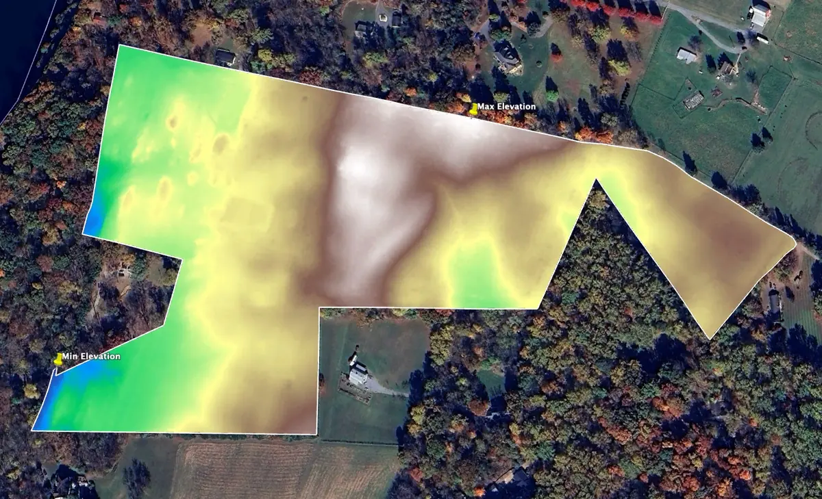 Elevation model of the same parcel, colour-coded by height.