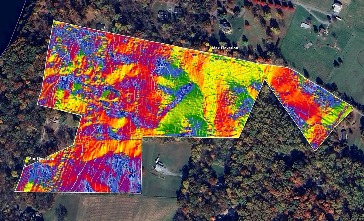 Aspect map showing which way each face of the land looks.