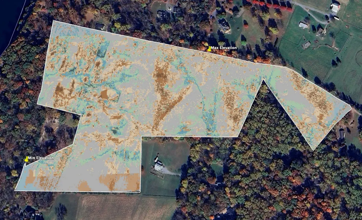 Water flow modelled across the parcel, from high ground to low.