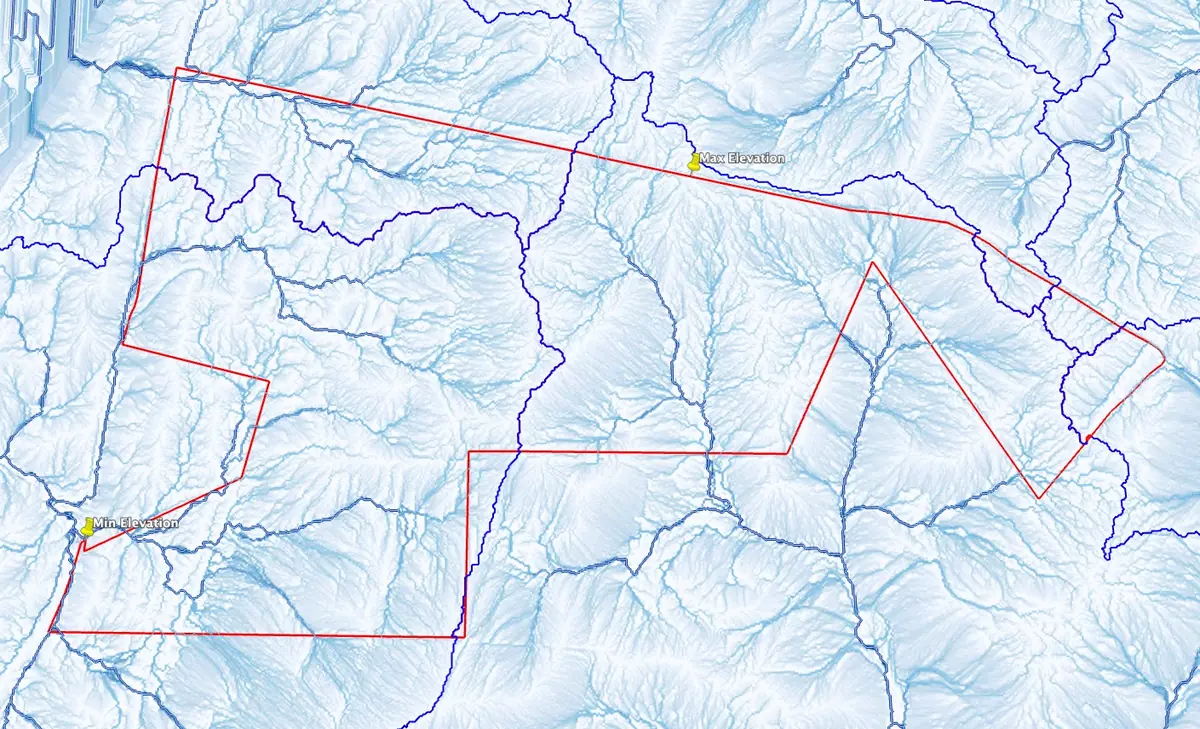 Watershed boundaries drawn against the parcel and the land around it.