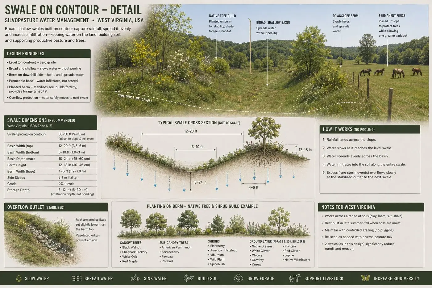 A construction detail for a swale on contour, with dimensions and planting.