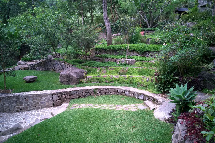 The same terraces at Granja Tz'ikin once planted: stone walls holding grassed and planted beds under trees