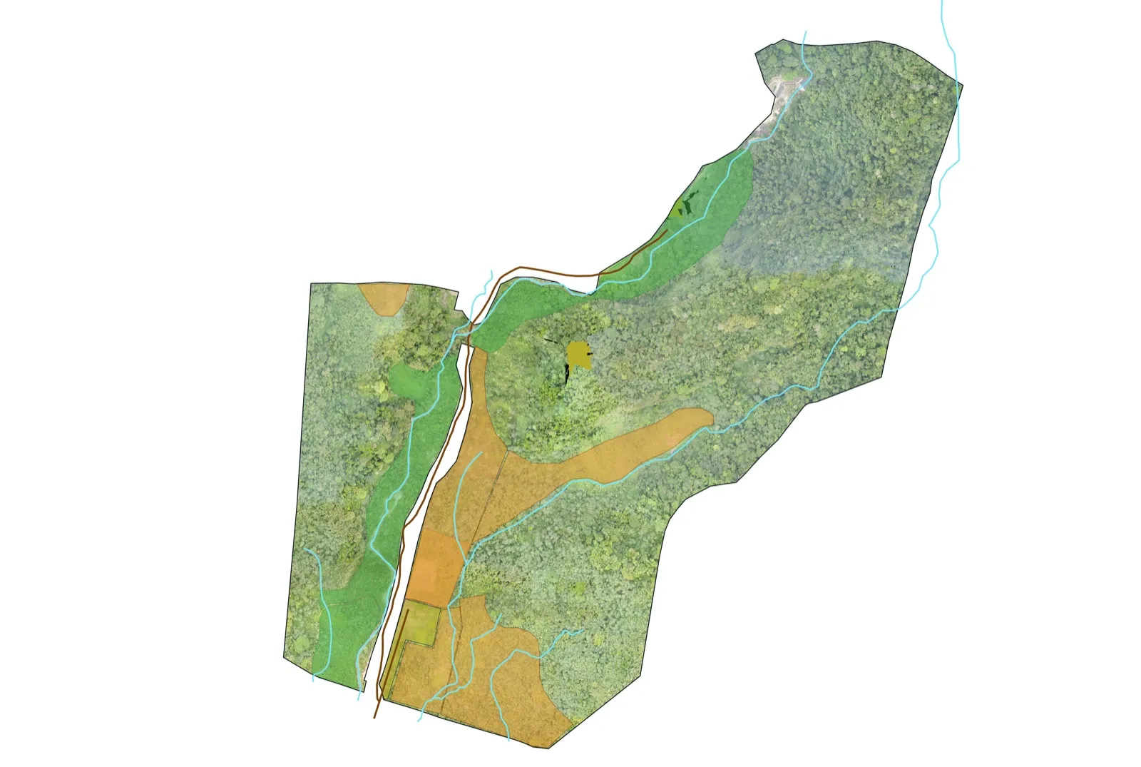 Star Seed master plan: aerial orthophoto with forest, productive, water and access zones overlaid