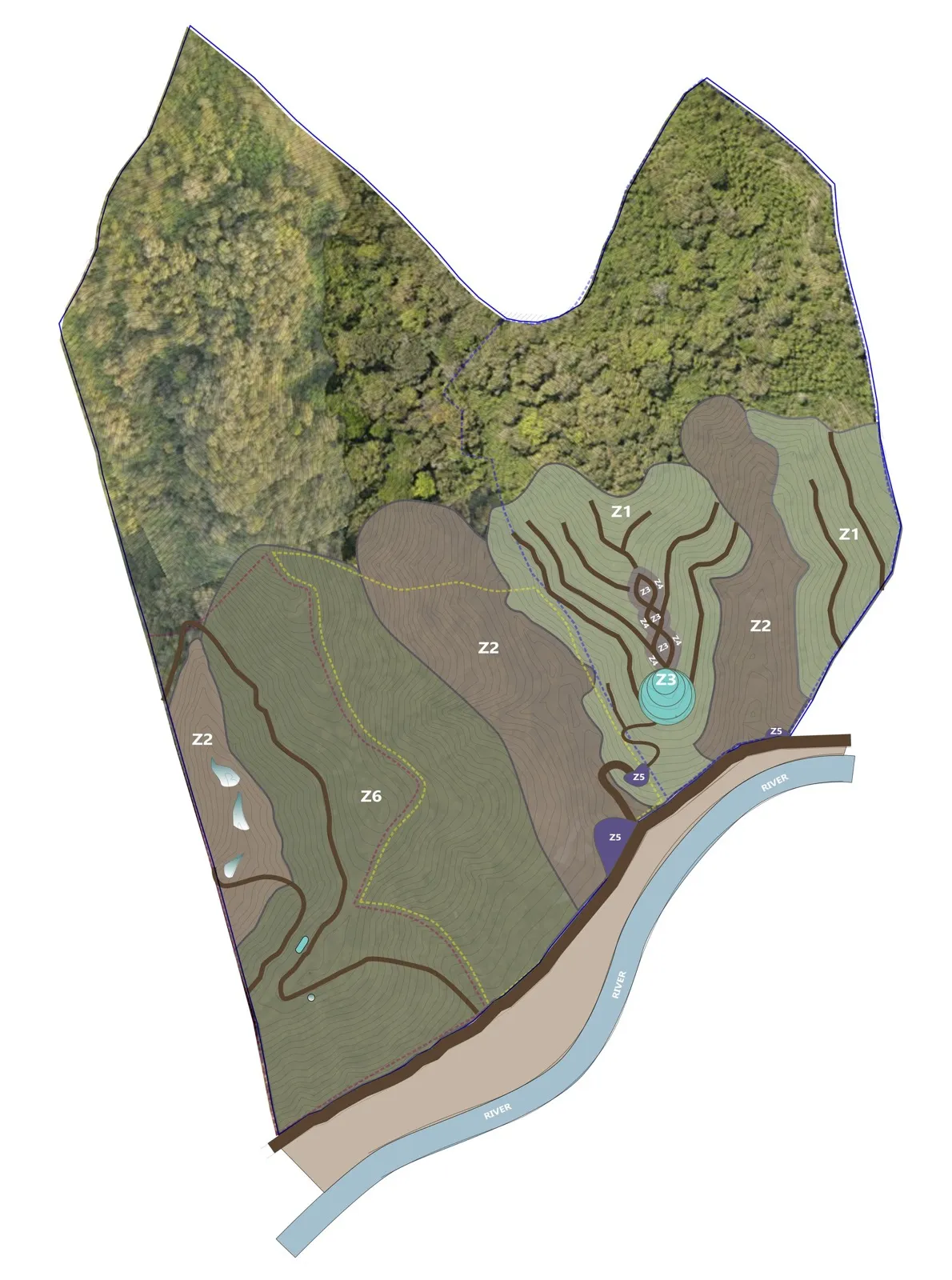 Tuqtuquilal master plan: aerial orthophoto with zones Z1 to Z6 overlaid across the property, with contour paths